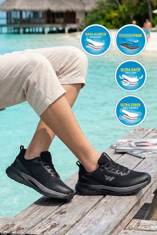 Walkway Siyah-koyu Gri Hafızalı Taban İthal Fileli Hafif Esnek Erkek Spor Ayakkabı Relaxon M