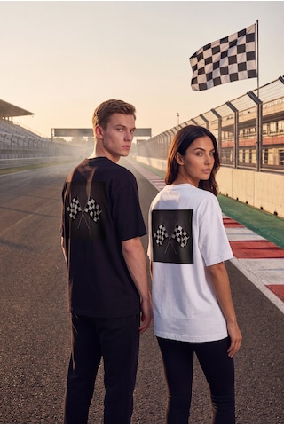 Black Nova Oversize Baskılı Unisex Tişört Race Flags Beyaz