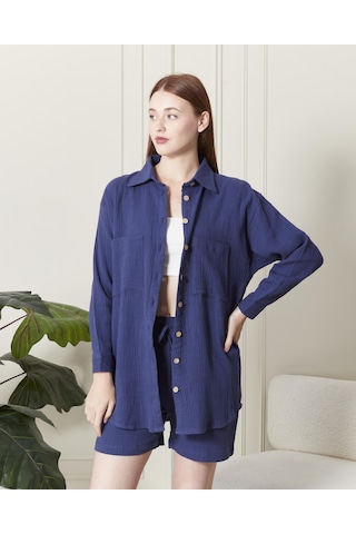 Soft Koton Kumaş Şort Gömlek Takım-3300-lacivert Lacivert