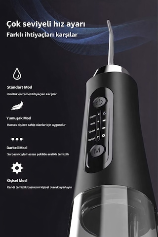 Exenar - Siyah - Şarjlı Ağız Duşu Diş Bakım Cihazı 4 Modlu Diş Arası Temizleyici 320ml 5 Başlıklı 1500 Mah Kablosuz