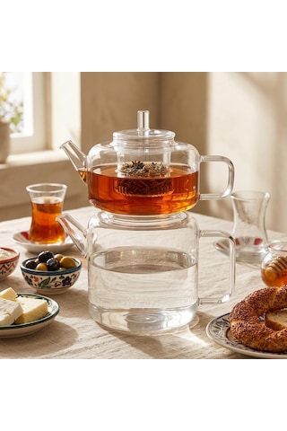 Lexroo Flat Borosilikat Cam Çaydanlık Takımı 980 Ml Demlik + 1600 Ml Alt Demlik Çok Renkli