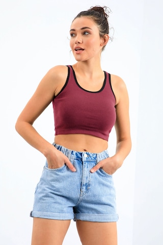 Tommy Life Bordo Basic Sıfır Kol Dar Kalıp U Yaka Kadın Crop Top Atlet - 97162 Bordo