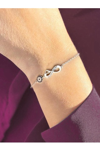 Brezza Lusso Jewelry Gümüş Taşlı Sonsuzluk Ve Göz Bileklik Kalpli Gümüş Kadın Bileklik