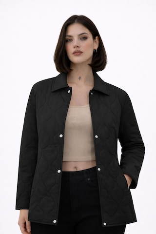 Kadın Desenli Çıtçıtlı Çift Cepli Oversize Kapitone Ceket-391 Siyah
