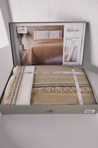 Tivoli Çift Kişilik Dantelli 4 Parça Pike Takımı Çeyizlik-melanie-kapuçino Kapucıno Cappuccino