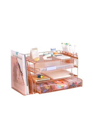 Temel Rose Gold Metal Mesh 3 Katlı Masaüstü Organizer Dosyalık Çekmeceli Kalemlikli 33x22x23 Cm 9533