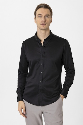 Süvari Siyah Slim Fit Armürlü Düğmeli Yaka Gömlek-34588 Siyah