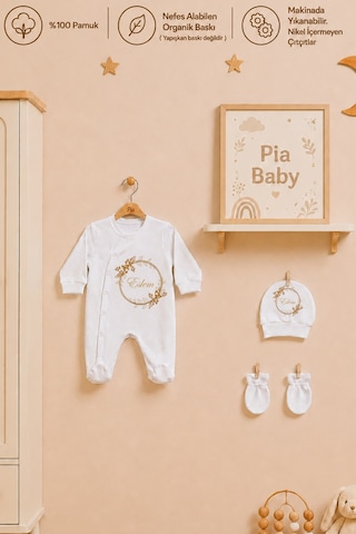 Pia Baby Kız Bebek Hastane Çıkışı 4 Lü Tulum Seti %100 Pamuk Kişiye Özel İsim Baskılı Battaniyeli 1054btyx Ekru