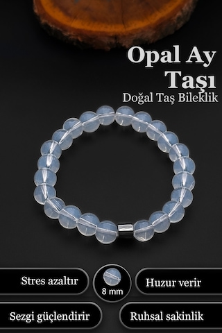 Opal Ay Taşı Bileklik Erkek Kadın Doğal Taş Bileklik 8 Mm Bt036 Beyaz