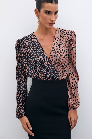Sateen Kruvaze Desenli Bodysuit 135567 Siyah - Camel