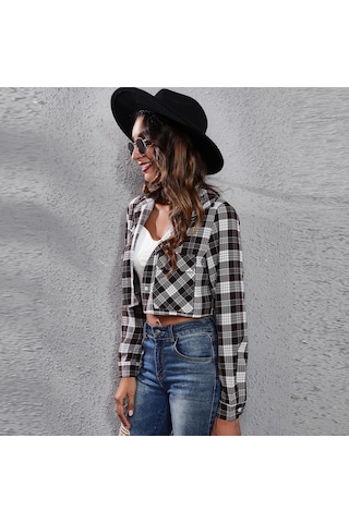 Gmxıa Kadın Modası Günlük Ekose Baskı Uzun Kollu Polo Yaka Bluzlar Ve Gömlekler Siyah