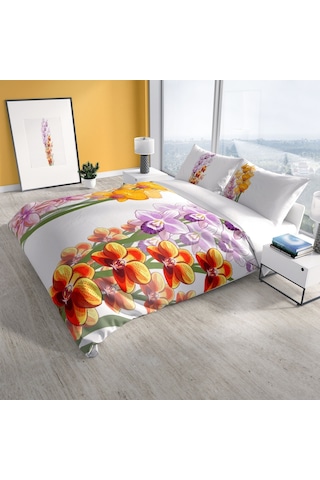 Cattleya Orchid 3D Pamuk Saten Çift Kişilik Nevresim Takımı Çok Renkli