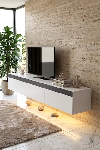 Pureline Tech Led Işıklı Tv Ünitesi 180 Cm - Modern Tv Sehpası - Beyaz Antrasit