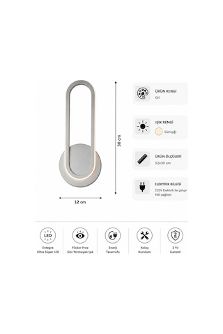 AvizeGO Haris Modern Led Duvar Apliği Günışığı Gri