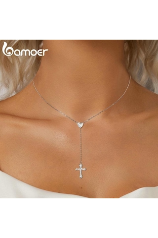 Bamoer 925 Ayar Gümüş Narin Kalp Şeklinde Kolye Kolye Y Şeklinde Çapraz Zincir Kolye Kadınlar İçin Parti Zarif Güzel Takı Hediye Gümüş