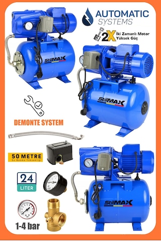 Stilmax St25lt15 1.5 Hp Bakır Sargı Jet150 Su Pompası + 24lt Küre Tank Otomatik Hidrofor Su Pompası