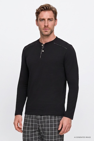 AC&Co / Altınyıldız Classics Erkek Sıyah %100 Pamuk Standart Fit Hakim Yaka Desenli Cepli Pijama Takımı Siyah