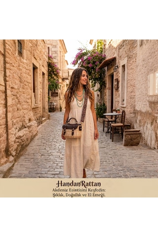 Handanrattan Dantel Detaylı Özel Tasarım Rattan Omuz Çantası - Kahverengi Deri Kapaklı Vintage Model Kahve