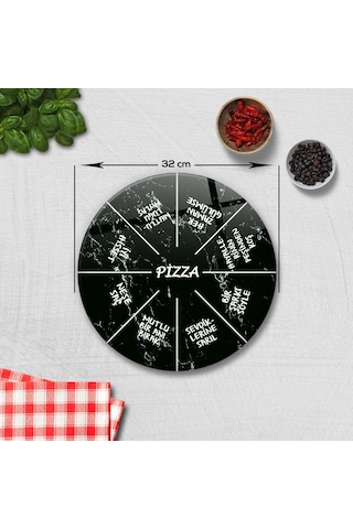 Decorita Mottolu Pizza Servis Tabağı - Siyah Mermer - Çap 32 CM