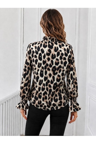 Suma Kadın Modal Bluz Uzun Kollu Balıkçı Yakalı Leopar Desenli