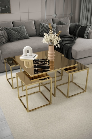 Berlin 5 Parça Gold Zigon Sehpa Takımı Orta Sehpa Yan Sehpa Bronz Aynalı Kurulu Hediye 75x75