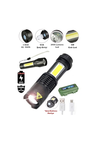 Zeycan Teknoloji Yandan Işıklı Güçlü+ Newpro Led Fner 1000 Lümen Pt4011+pil+şarj Siyah