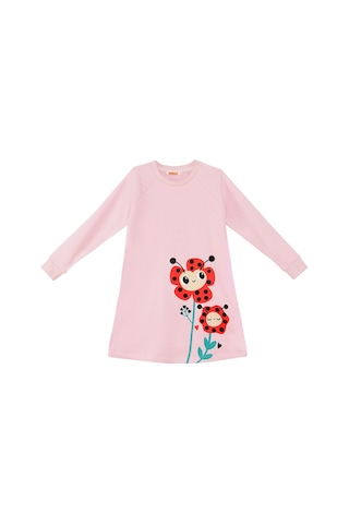 Denokids Uğur Böceği Çiçekler Baskılı Kız Çocuk Elbise Pembe