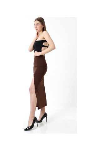 Winmoda34 Kadın Önden Derin Yırtmaçlı Dalgıç Etek Full Likralı Maxi Boy 92 Cm Kahverengi