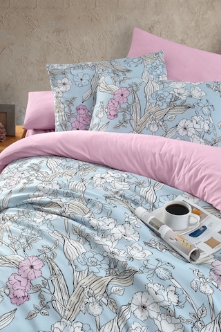 Mystory Home Lastikli Çarşaflı Çift Kişilik Nevresim Takımı Fiore Mavi Pembe