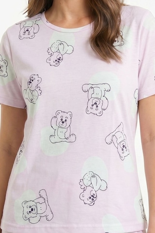 Kompedan Kadın Bisiklet Yaka Yumuşak Dokulu Ayıcık Desenli Kısa Kol Pijama Takım Pembe 70132-4680
