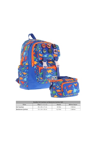 Kaukko L5278+l7278 Erkek Çocuk İkili Okul Çantası Ve Beslenme Çantası Seti - Mavi - Armalı Dinazor Desenli MAvi