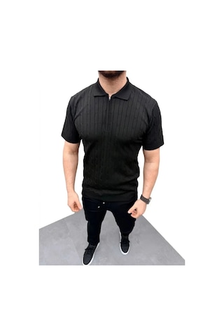 Veraura Lifestyle Erkek Yazlık Triko Saç Örgü Tişört Kısa Kol Polo Yaka Fermuarlı T-shirt - Siyah bej