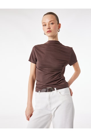 Koton Modal Karışımlı Slim Fit Drape Detaylı Dik Yaka Kısa Kollu Tişört Kahverengi 6sak70014ek Kahve