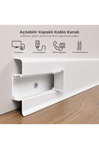 Esquero Kablo Kanallı PVC Süpürgelik 250 cm, Açılabilir Kapaklı, Beyaz, ESQ601