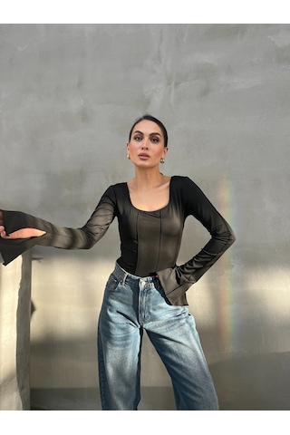 Msm Fashion Kadın Bluz İspanyol Kol Dikiş Ve Bağlama Detaylı Sırt Dekolteli U Yaka Bluz Siyah