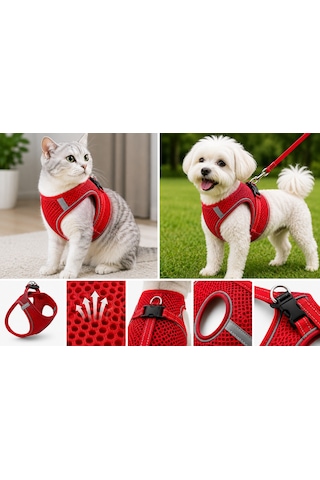 Nefes Alan Kumaş Air Mesh Kedi Köpek Göğüs Tasması Medium 44x48 Cm Kırmızı