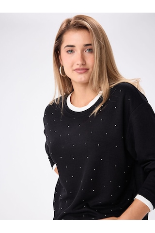 Faik Sönmez Triko Bant Detaylı Taşlı Sweatshırt W27swt010 Uw27swt01010 Siyah