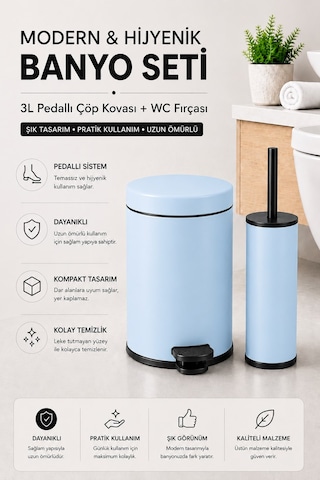 Sas Haus Pedallı Çöp Kovası 3 Litre İç Kovalı Kapaklı Tuvalet Fırçalı Banyo Seti Krom - Titan 7103 Mavi