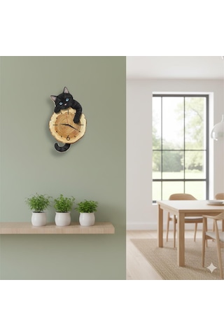 Cajuart Kütük Üzerinden Bakan Siyah Kedi Tasarımlı Duvar Saati Modern Dekoratif Saat Kahverengi