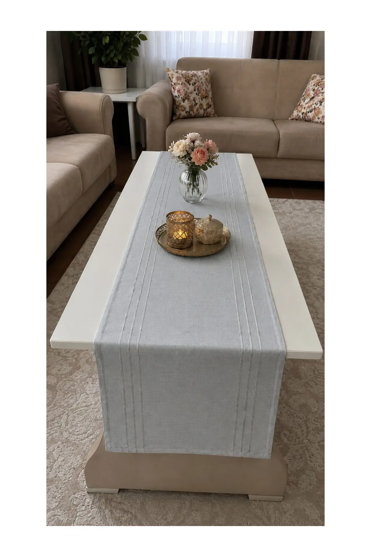 %100 Polyester Dertsiz Leke Tutmaz Şerit Desenli Runner Masa Örtüsü 34x200 Cm Gri