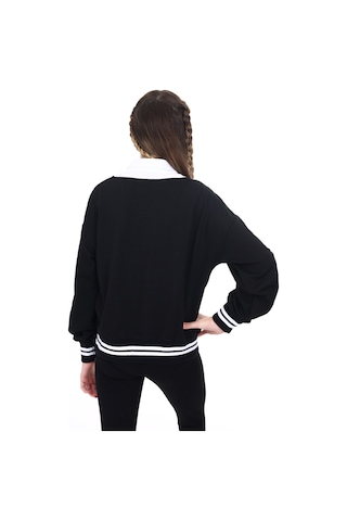 Toontoy Kız Çocuk Relax Fit Polo Yaka Düşük Omuz Baskılı Okul Sweatshirt - Garnili & 2 İplik Siyah