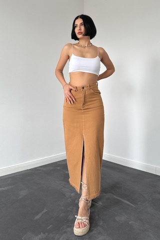 Dogutrend Camel Gabardin Boyamalı Püsküllü Etek