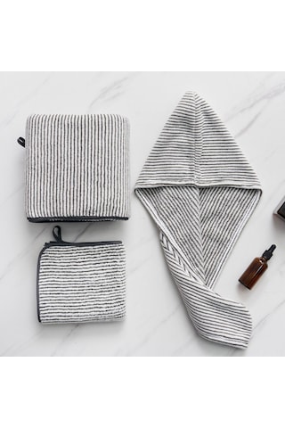 Gajeena Bambu Kömürlü Koral Yünlü 3'lü Havlu Seti - Yıkama, Plaj Ve Saç Kurutma Havlusu, Yüksek Su Absorpsiyonu, Çizgili Desen