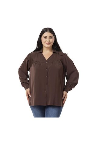 Büyük Beden Yakalı Önü Büzgü Robalı Uzun Kol Kahverengi Gömlek-kahverengi Kahverengi