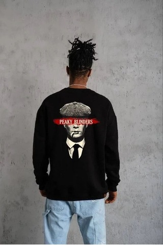 Luz&pos Erkek Bisiklet Yaka Baskılı Oversize Sweatshirt - Siyah Siyah