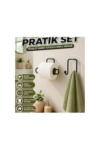 Yapışkanlı Havlu Askısı Ve Tuvalet Kağıdı Tutucu Siyah 2 Parça Set Çok Renkli