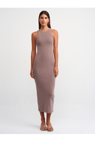 Dilvin Yıkama Efektli Midi Elbise Kahve Kahverengi