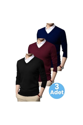 Tezzgelsin 3'lü Erkek V Yaka Uzun Kol Triko Tüylenmez Süveter Erkek Slim Fit Süveter Siyah - Bordo - Lacivert