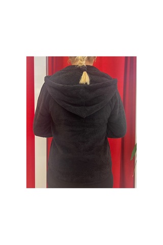 Rouge Basic Kapşonlu Yarım Fermuar Peluş Sweat Siyah