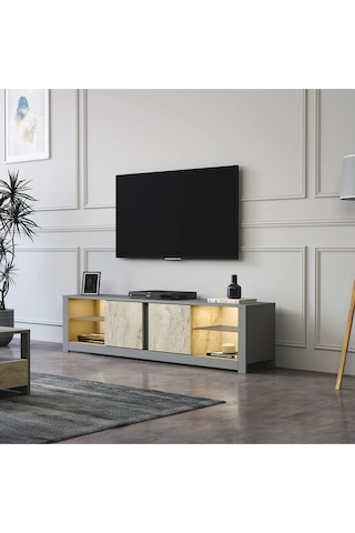 Aydos LED Işıklı Modern TV Sehpası – Cam Raflı, 2 Kapaklı, 180 cm, Gri/Traverten